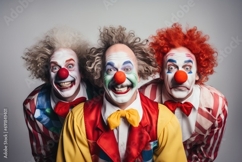 A joyful trio in clown costumes, celebrating a happy birthday with colorful balloons, gifts, and playful emotions. photo