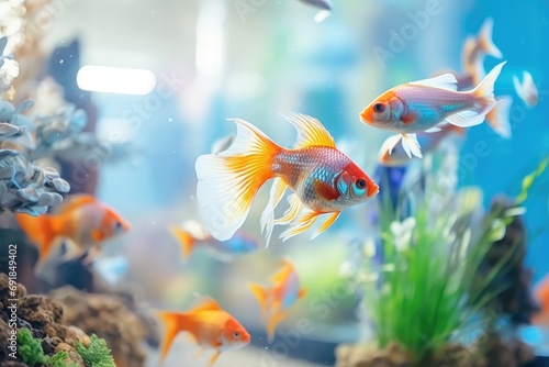 Colorful underwater world in an aquarium with vibrant fish, plants, and a dynamic background. © Andrii Zastrozhnov