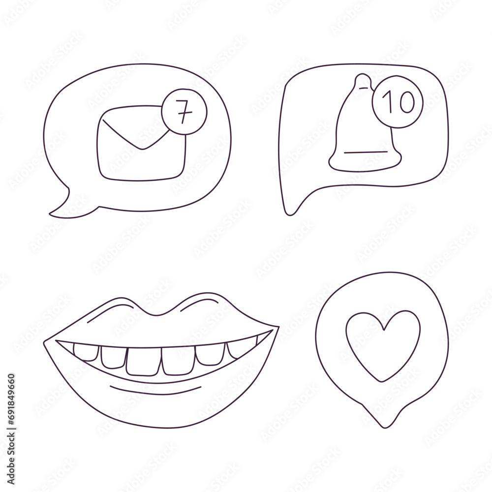 Hand drawn speech bubbles with heart, envelope, bell. Notification, like symbols. Smiling mouth. Outline doodle vector black and white illustration isolated on a white background Hand drawn speech bubbles with heart, envelope, bell. Notification, like symbols. Smiling mouth. Outline doodle vector black and white illustration isolated on a white background