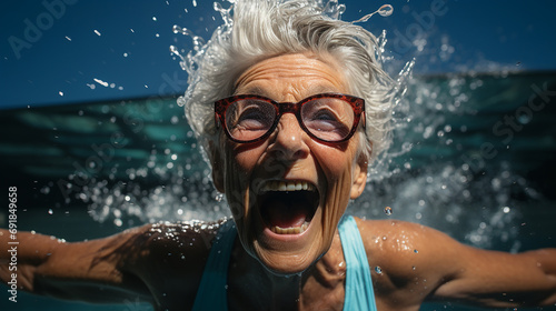 happy senior woman enjoying in the pool.