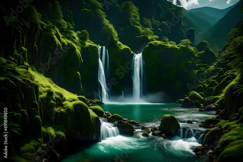 Pristine waterfalls cascading gracefully through moss-covered cliffs amidst a panorama of lush  verdant mountain ranges.