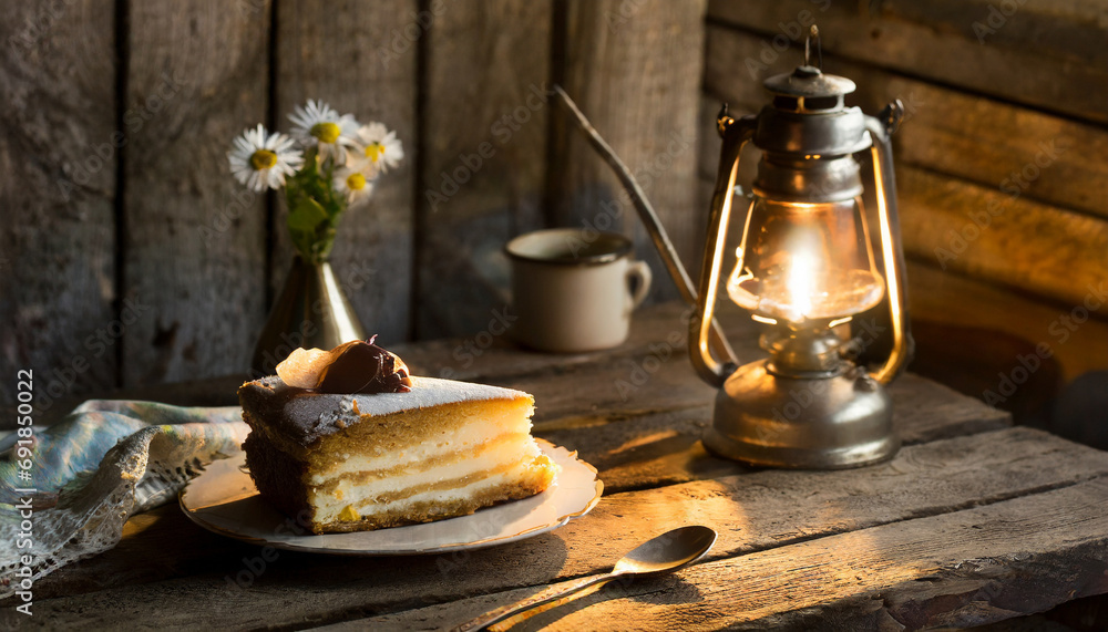 Kawałek ciasta, na drewnianym stole, oświetlony pięknym światłem ze starej lampy naftowej - obrazy, fototapety, plakaty 