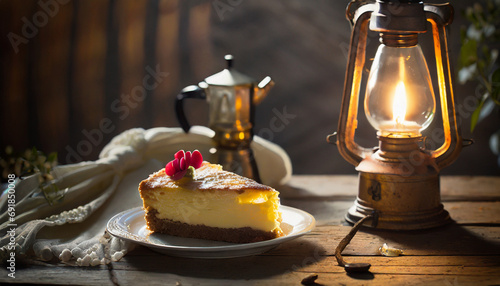 Kawałek ciasta, na drewnianym stole, oświetlony pięknym światłem ze starej lampy naftowej photo