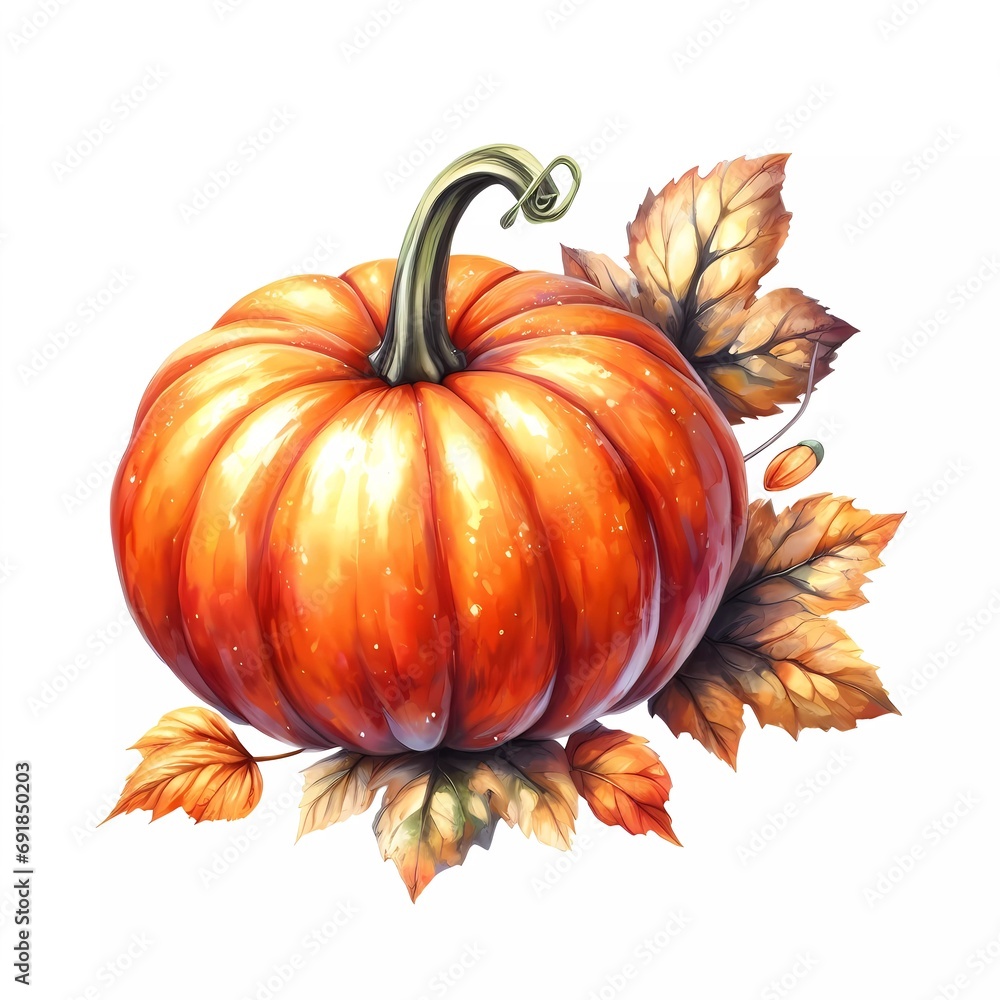 pumpkin and autumn leaves on white background