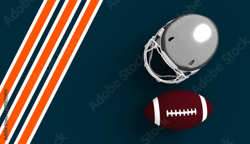 American football helmet and ball with Chicago Bears team colors background. Template for presentation or infographics. 3D render photo