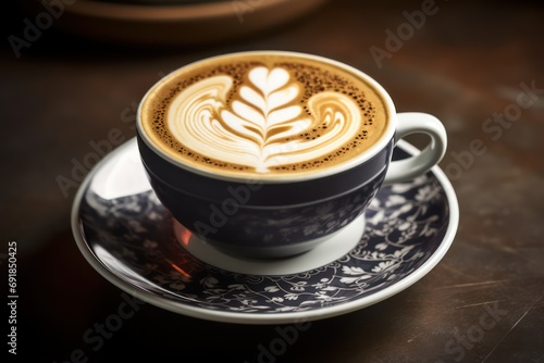 AI generated illustration of a mug with latte topped with a beautiful piece of latte art