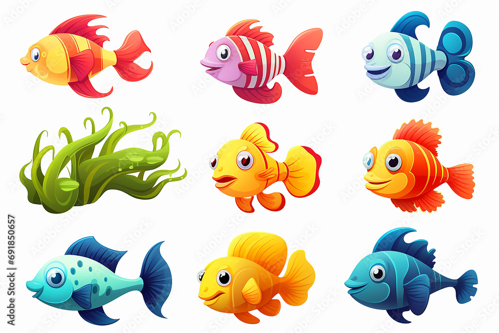 Naklejka premium marine animals and plants flat style set. Different fish, shells and seaweeds under the sea set.