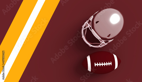 American football helmet and ball with Washington Commanders team colors background. Template for presentation or infographics. 3D render photo