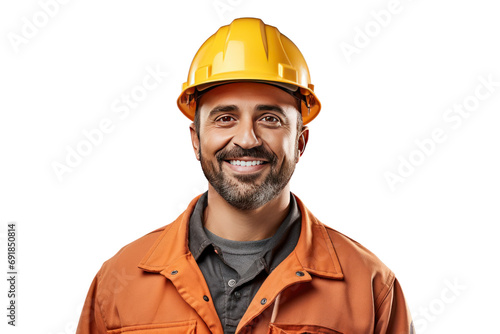 Smiling construction worker wearing uniform Isolated on a clear background, PNG file.