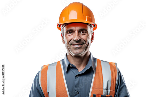 Smiling construction worker wearing uniform Isolated on a clear background, PNG file. © venusvi
