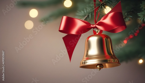 Close up christmas bells with red ribbon