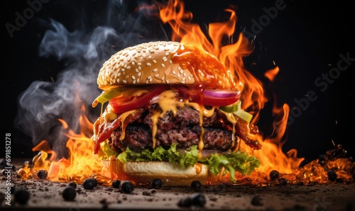A Fiery Delight: Grilled Burger Engulfed in Flames Illuminated Against Ebon Background