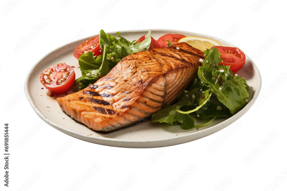 Grilled Salmon Fillet and Green Tomato Salad Isolated on transparent background PNG file. Grilled Salmon Fillet and Green Tomato Salad Isolated on transparent background PNG file.