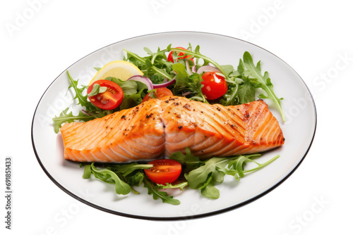 Grilled Salmon Fillet and Green Tomato Salad Isolated on transparent background PNG file.