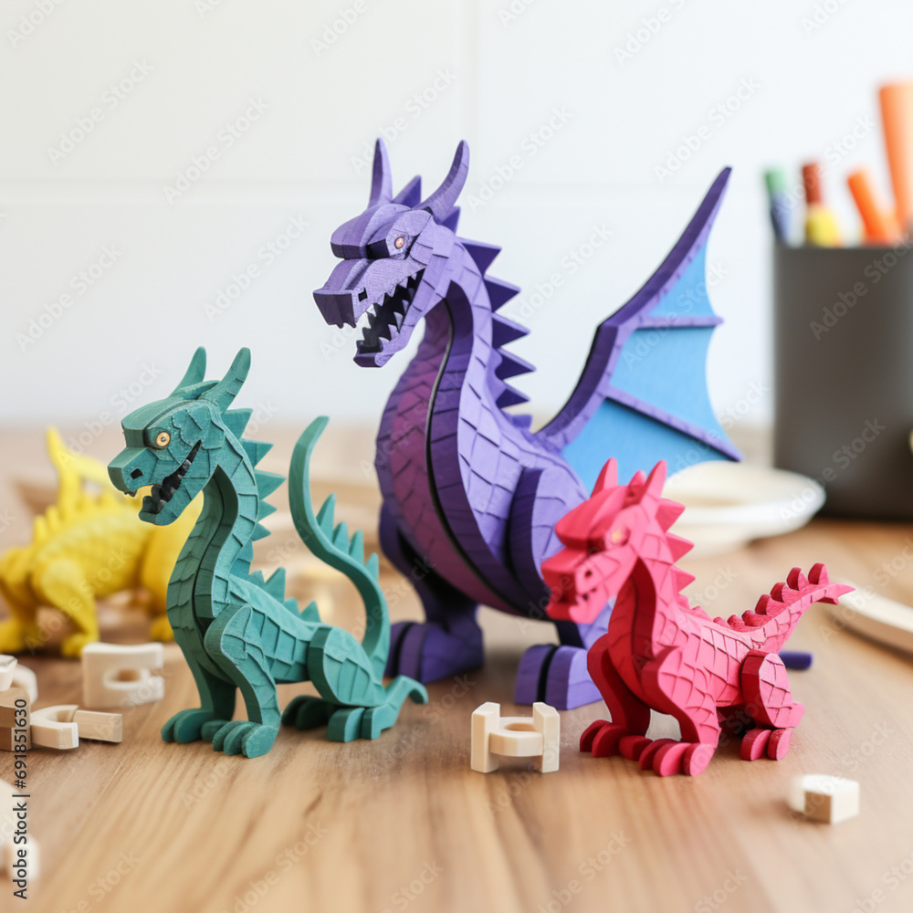 Create a set of 3D-printable dragon puzzle pieces that, when assembled, form a complete dragon family. This can be a fun and engaging ac Create a set of 3D-printable dragon puzzle pieces that, when assembled, form a complete dragon family. This can be a fun and engaging ac