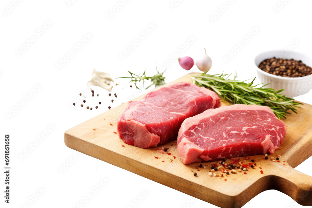 Fresh raw meat on a wooden cutting board with thyme, spices and garlic. Top view. Isolated on a clear background. PNG file.