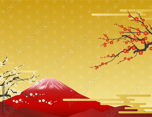 富士山と紅白の梅の背景イラスト素材 ベクター 金背景 和柄 お正月 年賀