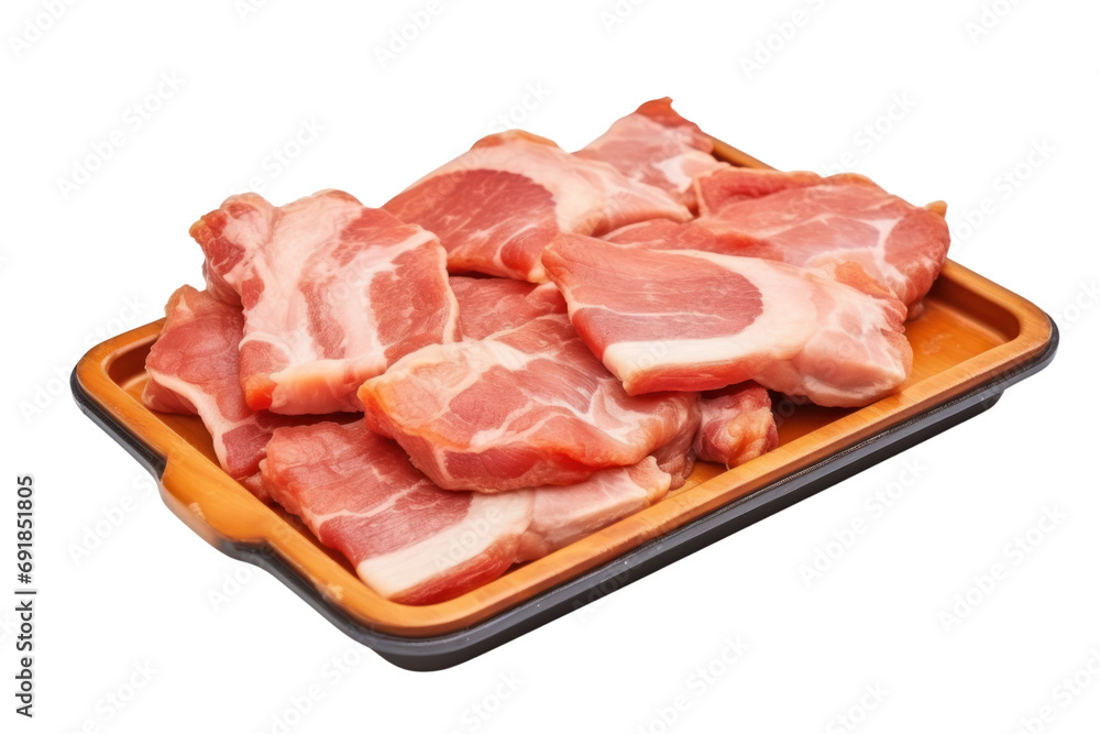 Dried pork in a tray, meat with layers of fat under the sun Isolated on clear background, PNG file. Dried pork in a tray, meat with layers of fat under the sun Isolated on clear background, PNG file.