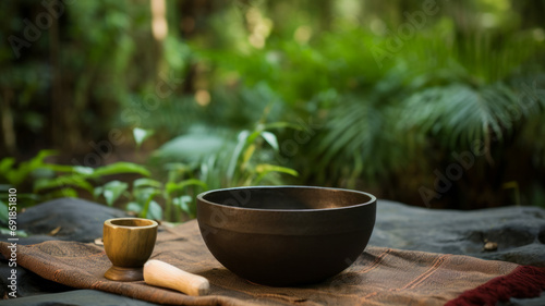 Close-up of a singing bowl with nature in the background