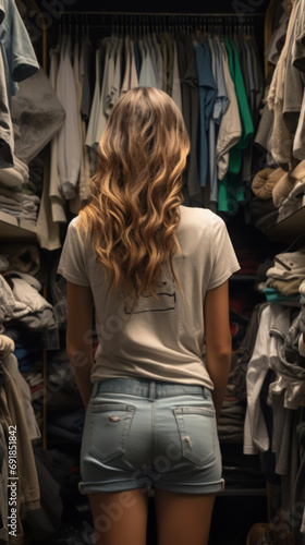 Young woman choosing clothes in front of full closet. Nothing to wear concept. photo
