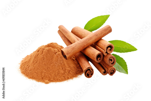 Cinnamon sticks and fine cinnamon powder isolated on transparent background. PNG file.