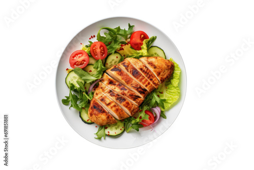 Chicken fillet with salad, healthy food, keto diet, lunch concept, top view, isolated on transparent background. PNG file.