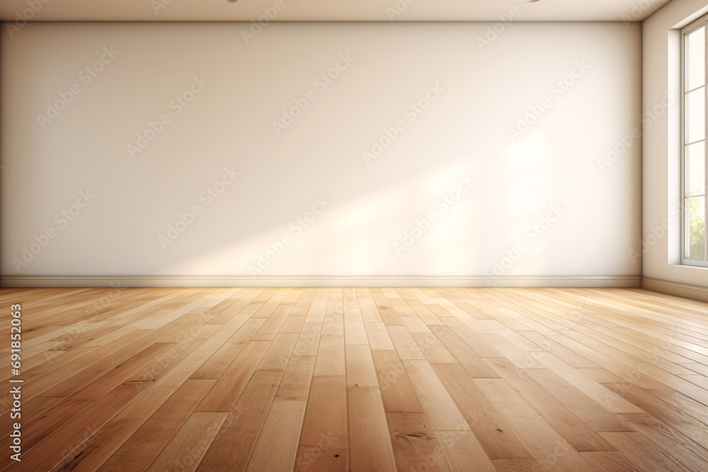 Empty room with a light wooden floor, mockup, empty space for product presentation Empty room with a light wooden floor, mockup, empty space for product presentation