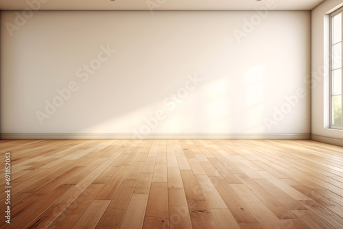 Empty room with a light wooden floor, mockup, empty space for product presentation