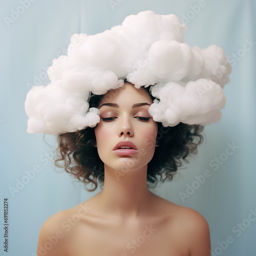 Girl’s head covered with cloud portrait art image