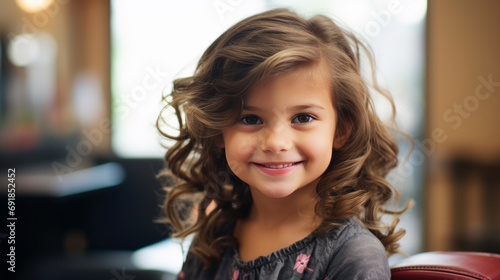 Adorable Toddler Girl Getting her Hair Cute in a Professional Salon.