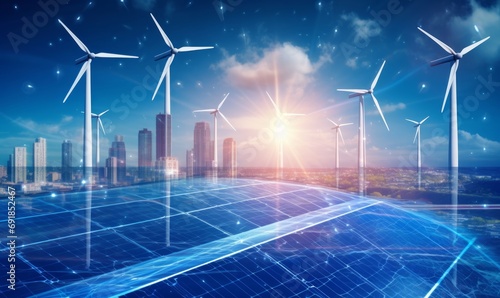 solar cell plant and wind generators in urban area connected to smart grid. Energy supply, eolic turbine, distribution of energy, Powerplant, energy transmission, high voltage supply, Generative AI