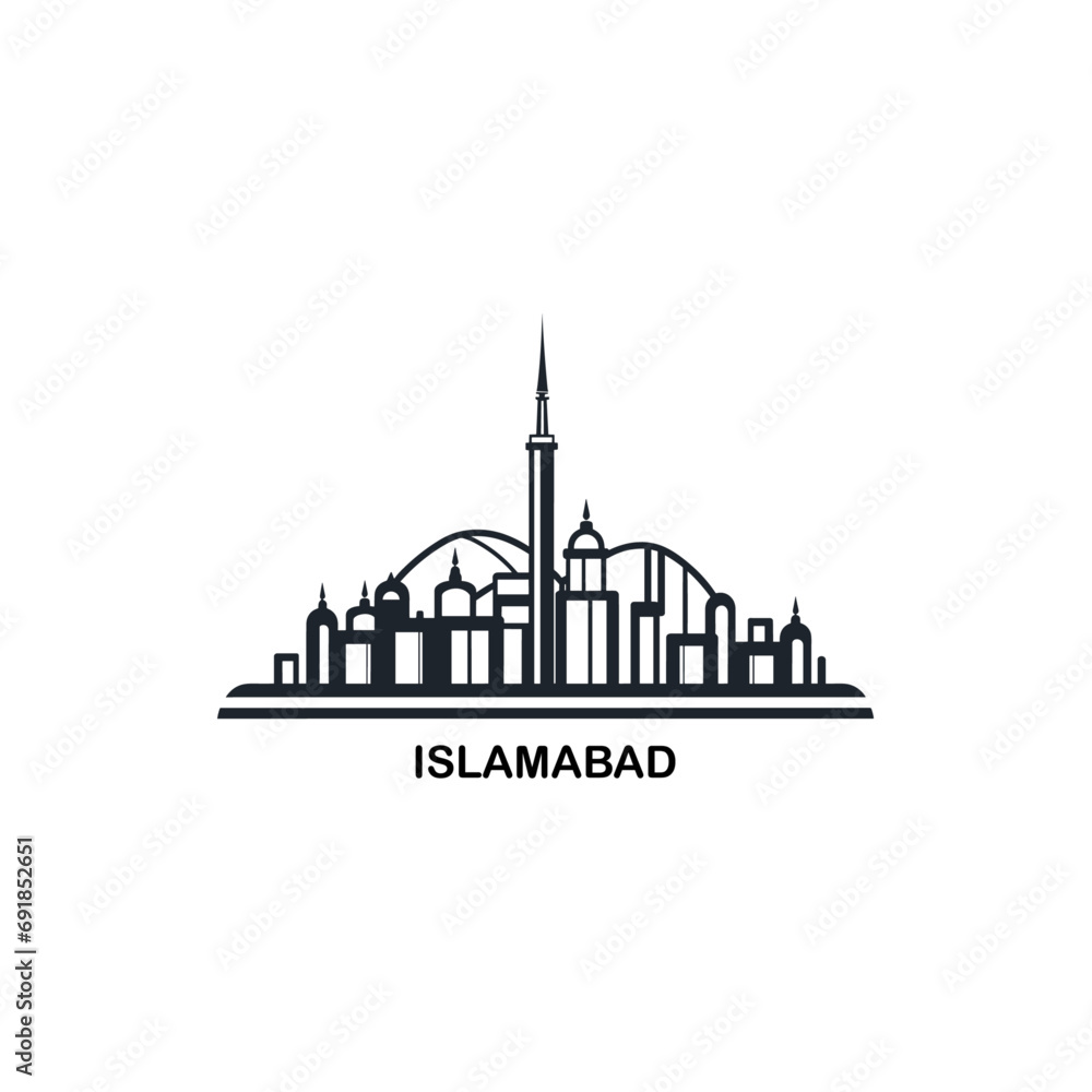 Islamabad cityscape skyline city panorama vector flat modern logo icon. Pakistan capital region emblem idea with landmarks and building silhouettes. Isolated graphic
