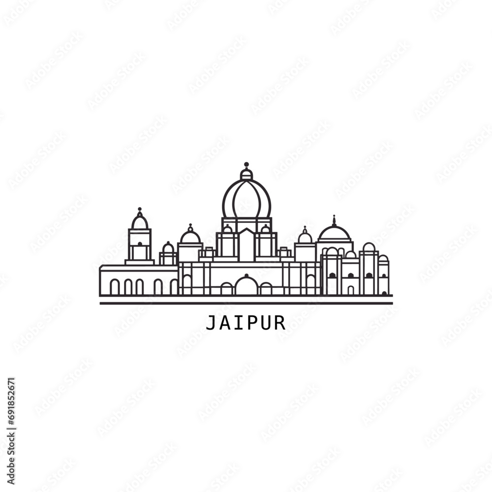 Jaipur cityscape skyline city panorama vector flat modern logo icon. India, Rajasthan state emblem idea with landmarks and building silhouettes. Isolated thin line graphic