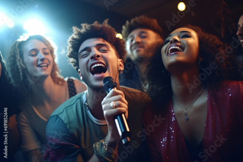 A group of friends singing at a karaoke bar, joyous atmosphere photo