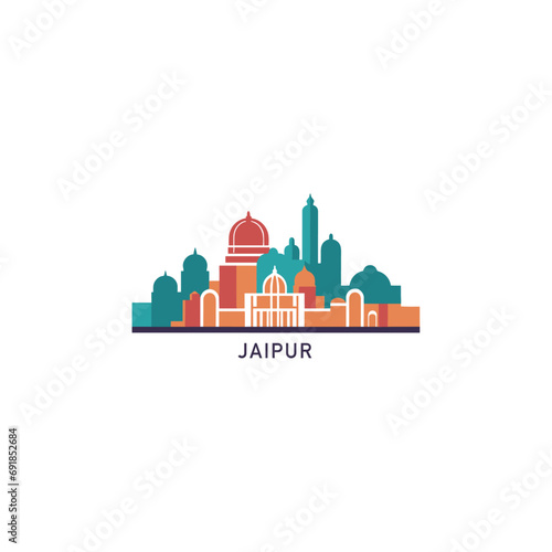 Jaipur cityscape skyline city panorama vector flat modern logo icon. India, Rajasthan state emblem idea with landmarks and building silhouettes. Isolated colorful graphic