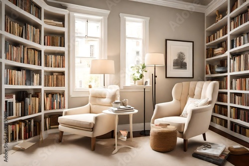 A cozy reading nook with a plush cream-colored armchair, a white side table, and shelves filled with books for a peaceful retreat.