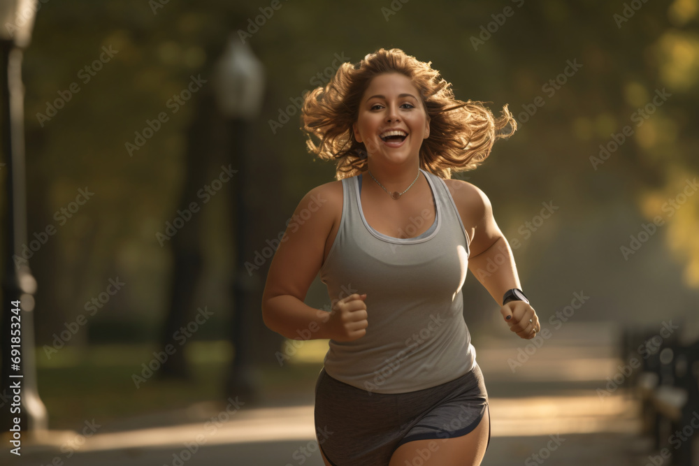 A young woman with a larger body size running in the park and smiling A young woman with a larger body size running in the park and smiling