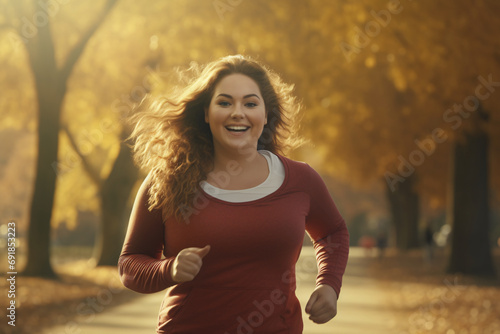 A young woman with a larger body size running in the park and smiling photo