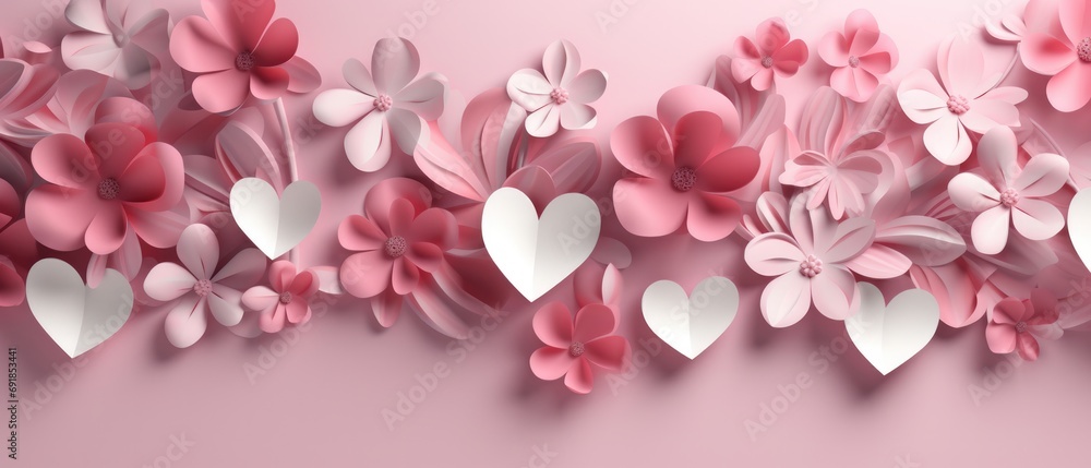 pink valentine's day background With a beautiful heart shape love concept In the Valentine's Day festival happy holiday Copy space panoramic background. Generative AI.