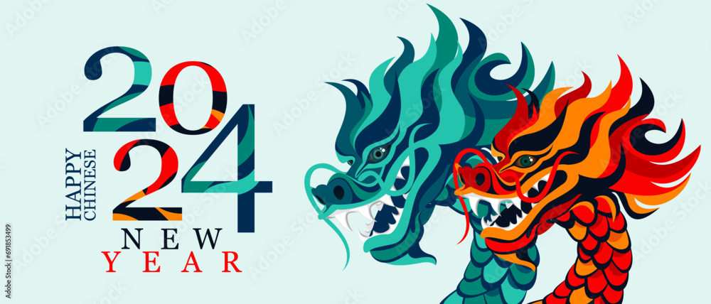 Green wooden dragon symbol of 2024. Chinese New Year. Background with a dragon. Vector illustration. - obrazy, fototapety, plakaty 