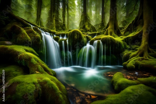 A hidden  moss-covered waterfall cascading into a crystal-clear pool in a secluded forest clearing.