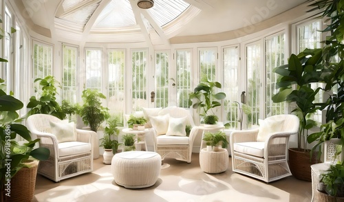 A bright and airy sunroom furnished with white wicker chairs, cream-colored cushions, and verdant plants for a tranquil indoor garden vibe.