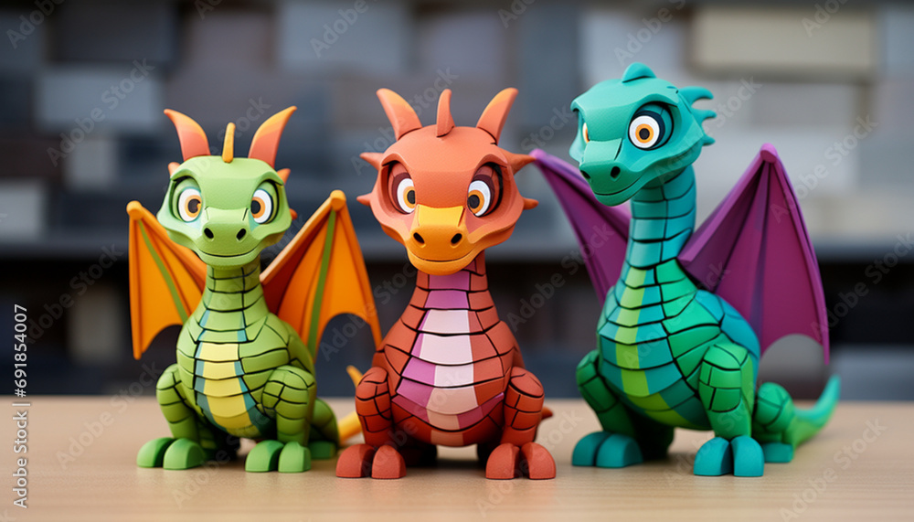 Naklejka premium Create a set of 3D-printable dragon puzzle pieces that, when assembled, form a complete dragon family. This can be a fun and engaging ac