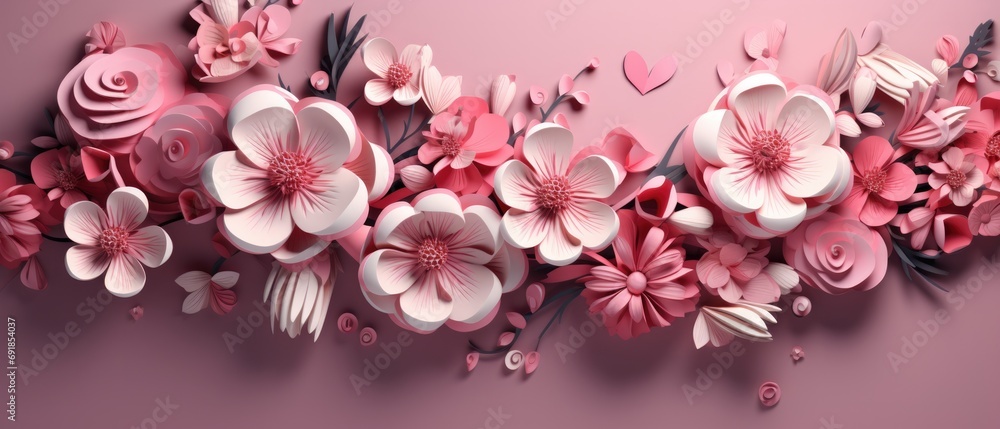 pink valentine's day background With a beautiful heart shape love concept In the Valentine's Day festival happy holiday Copy space panoramic background. Generative AI. pink valentine's day background With a beautiful heart shape love concept In the Valentine's Day festival happy holiday Copy space panoramic background. Generative AI.