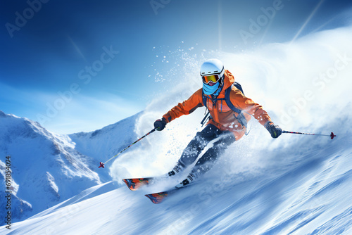 A dynamic skier skiing downhill through fresh snow