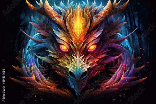 close-up of a mythical dragon head, surreal art, colorful illustration