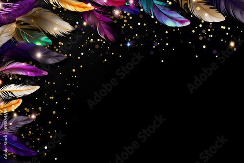 Feathers on a dark background  suitable for design with copy space  Mardi Gras celebration.