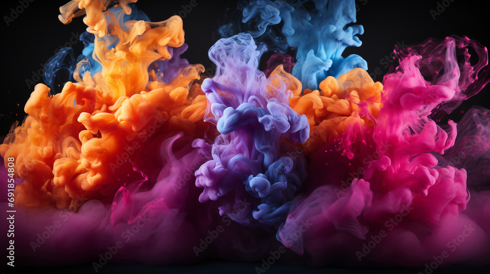 Neon colorful smoke clouds on dark background, gradient background, neon glow.Motion Color drop in water,Ink swirling in ,Colorful ink abstraction.Fancy Dream Cloud of ink under water.Ai
