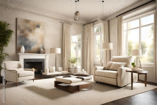 A serene living room boasting a cream-colored recliner positioned to capture the essence of natural light  offering a peaceful retreat within a stylish interior.