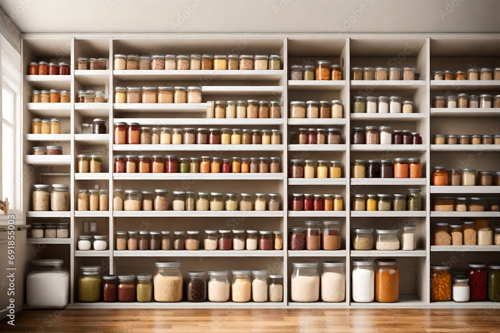 A kitchen with a walk-in pantry, neatly organized with shelves of ingredients, jars, and labeled storage containers.